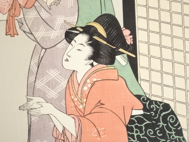 喜多川歌麿 手摺木版画 『桃をむく母子』悠々洞出版 昭和時代 浮世絵